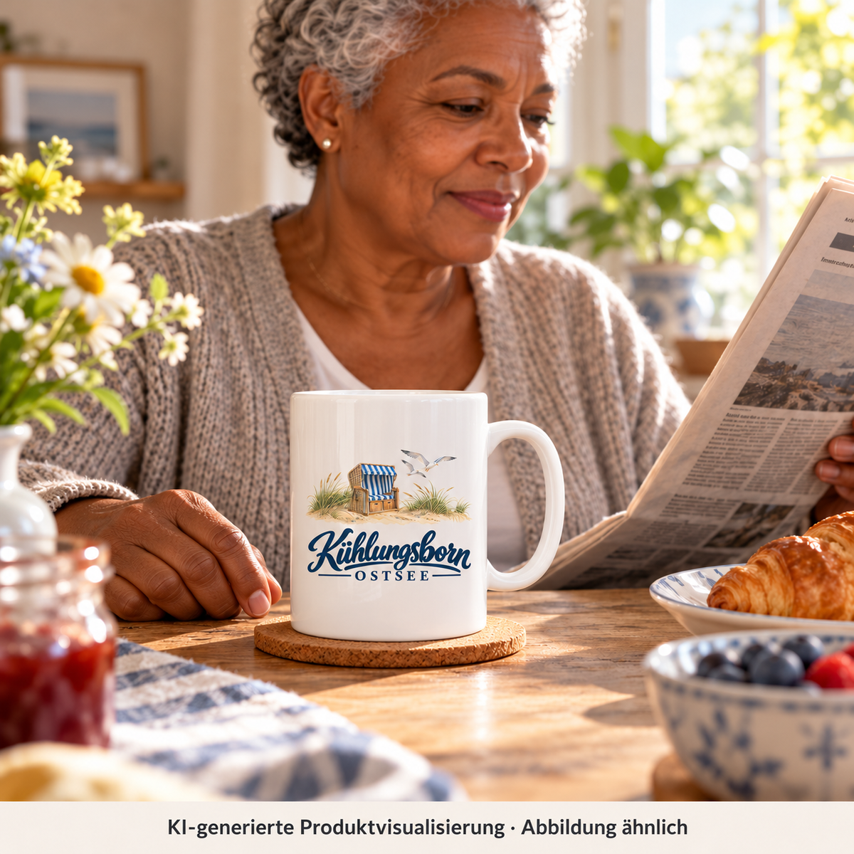 Keramiktasse 330 ml Kühlungsborn – Strandkorb & Ostsee, White glossy: beim Lesen einer Zeitung am Frühstückstisch, Tasse auf Untersetzer prominent im Vordergrund, Morgenlicht; KI-Produktvisualisierung.