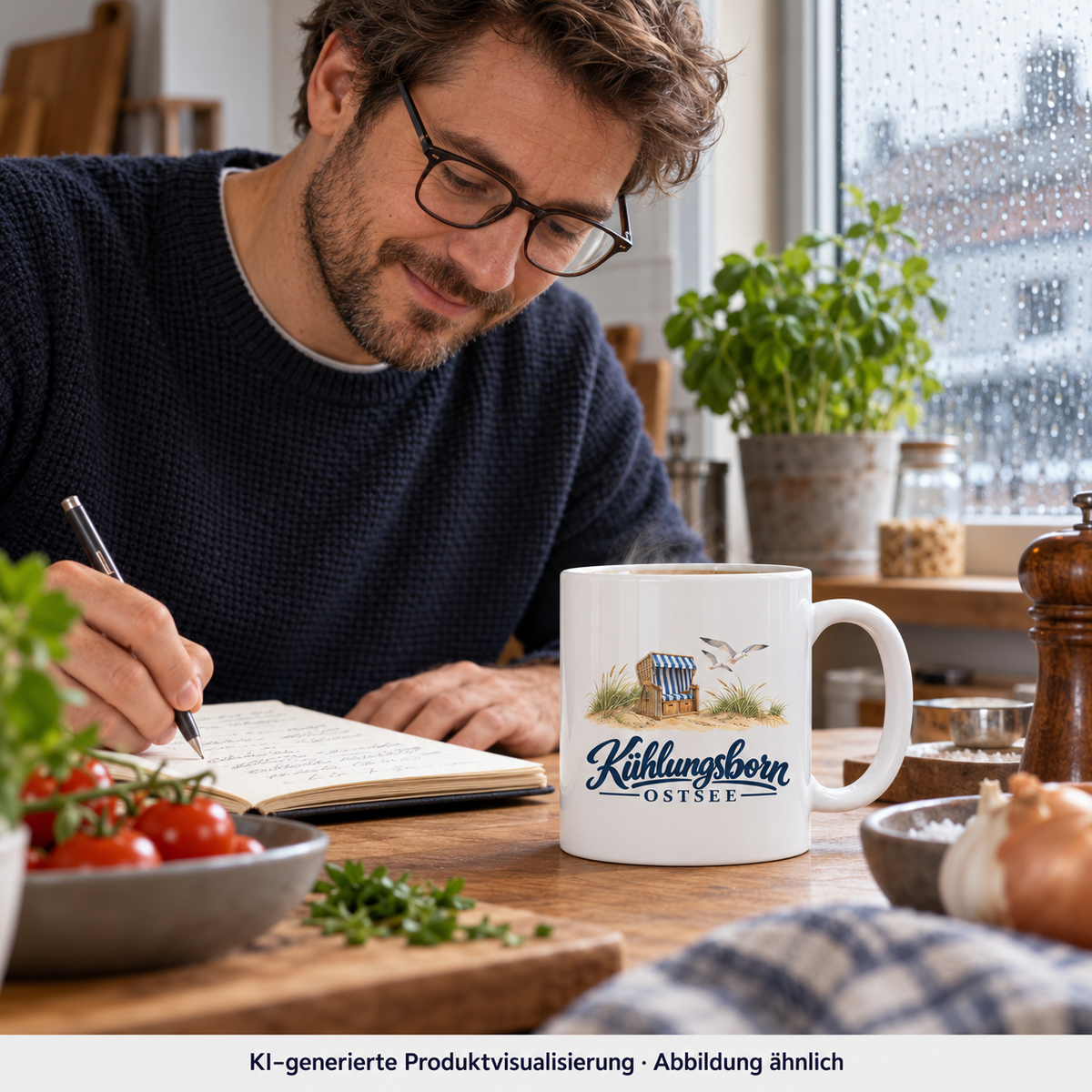 Keramiktasse 330 ml Kühlungsborn – Strandkorb & Ostsee, White glossy: beim Notieren eines Rezepts am Küchenfenster, Tasse neben ihm, Regentag; KI-Produktvisualisierung.