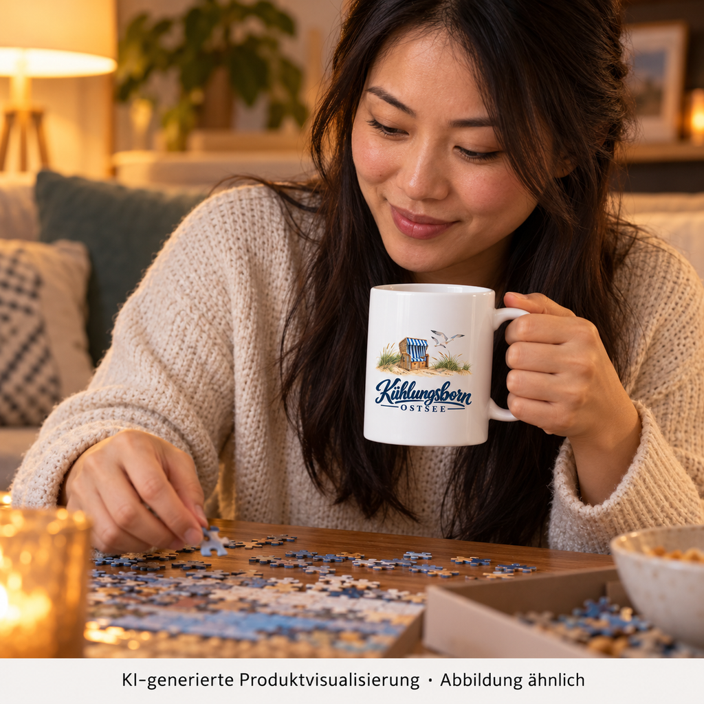 Keramiktasse 330 ml Kühlungsborn – Strandkorb & Ostsee, White glossy: in einer Pause beim Zusammensetzen eines Puzzles am Wohnzimmertisch, Tasse gut sichtbar, Abendlicht; KI-Produktvisualisierung.