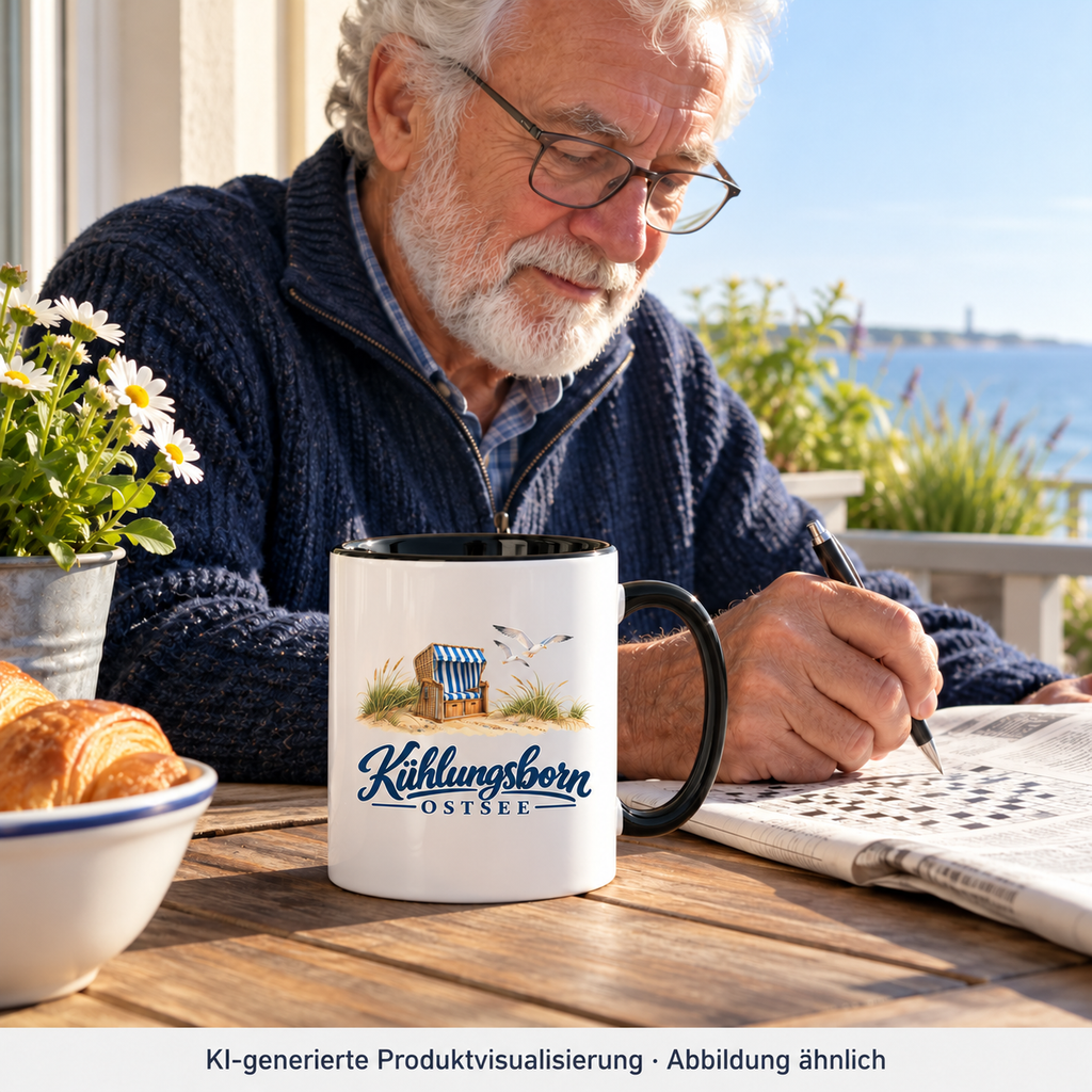 Zweifarbige Keramiktasse 330 ml Kühlungsborn – Strandkorb & Ostsee, Black: beim Lösen eines Kreuzworträtsels auf dem Balkon, Tasse prominent auf dem Tisch, Morgen; KI-Produktvisualisierung.