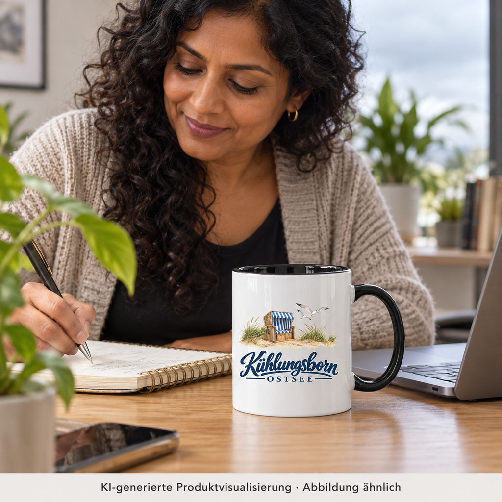 Zweifarbige Keramiktasse 330 ml Kühlungsborn – Strandkorb & Ostsee, Black: in einer Arbeitspause an einem Schreibtisch mit Pflanzen, Tasse neben Notizbuch, bedeckter Tag; KI-Produktvisualisierung.