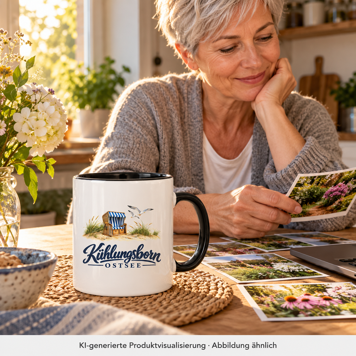 Zweifarbige Keramiktasse 330 ml Kühlungsborn – Strandkorb & Ostsee, Black: beim Auswählen von Gartenfotos am Küchentisch, Tasse im Vordergrund, goldenes Nachmittagslicht; KI-Produktvisualisierung.
