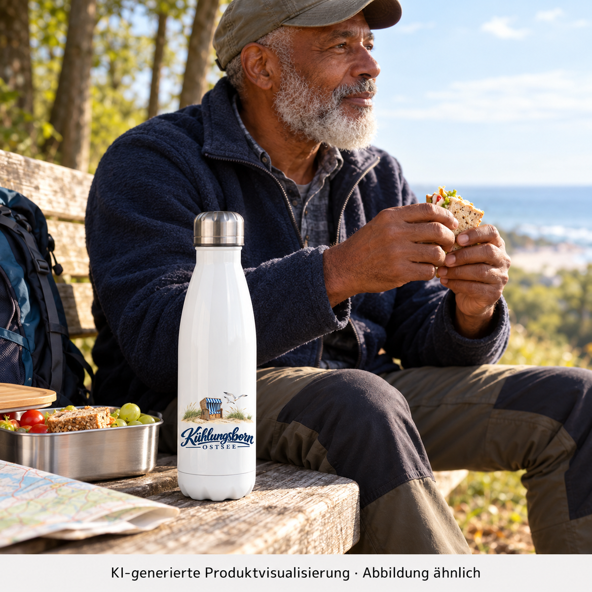 Edelstahl-Thermoflasche 500 ml Kühlungsborn – Strandkorb & Ostsee, White: bei einer Wanderpause auf einer Holzbank am Waldrand, Flasche aufrecht neben Brotdose, weiches Frühlicht; KI-Produktvisualisierung.