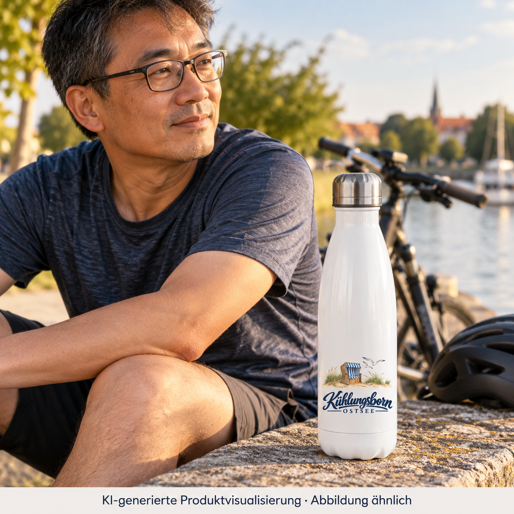 Edelstahl-Thermoflasche 500 ml Kühlungsborn – Strandkorb & Ostsee, White: bei einer Rast neben seinem Fahrrad am Kanal, Flasche aufrecht auf einer Mauer, spätes Sommerlicht; KI-Produktvisualisierung.