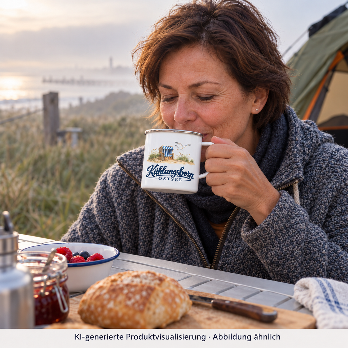 Emaille-Tasse mit Silberrand 300 ml Kühlungsborn – Strandkorb & Ostsee, White glossy: beim Frühstück an einem Camping-Klapptisch neben kleinem Zelt, Tasse prominent, nebliger Morgen; KI-Produktvisualisierung.