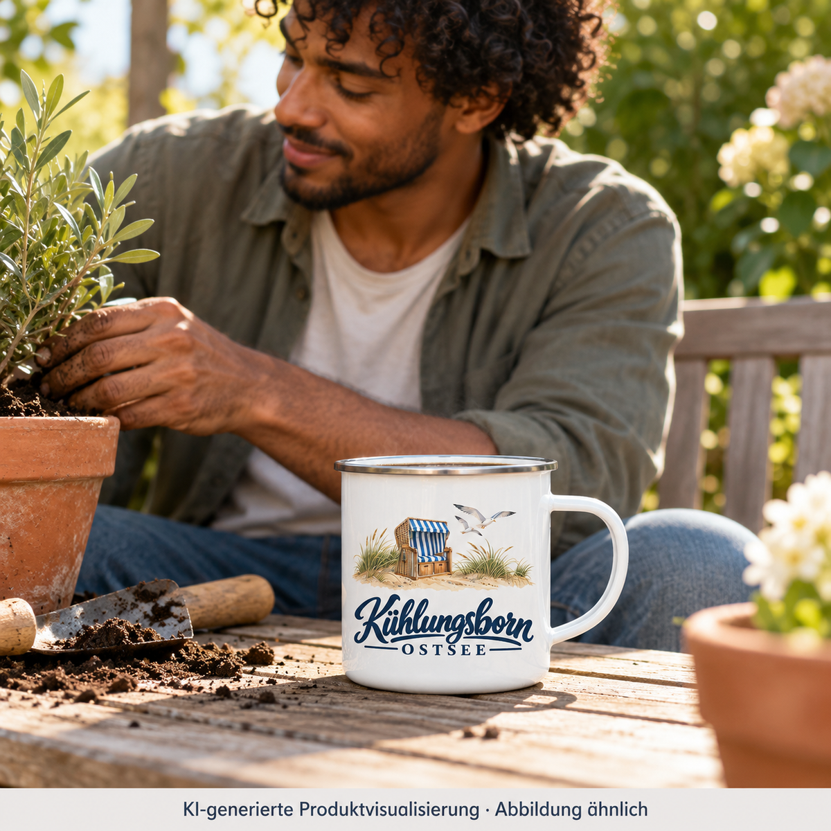 Emaille-Tasse mit Silberrand 300 ml Kühlungsborn – Strandkorb & Ostsee, White glossy: bei einer Rast auf einer Gartenbank nach dem Umtopfen, Tasse auf einem kleinen Holztisch, Nachmittag; KI-Produktvisualisierung.
