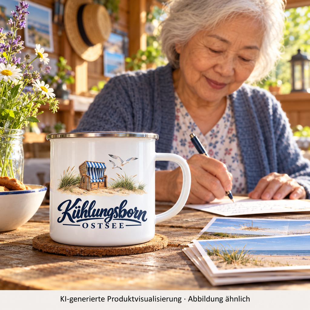 Emaille-Tasse mit Silberrand 300 ml Kühlungsborn – Strandkorb & Ostsee, White glossy: beim Schreiben von Urlaubskarten in einer Gartenlaube, Tasse nah im Vordergrund, warmes Licht; KI-Produktvisualisierung.