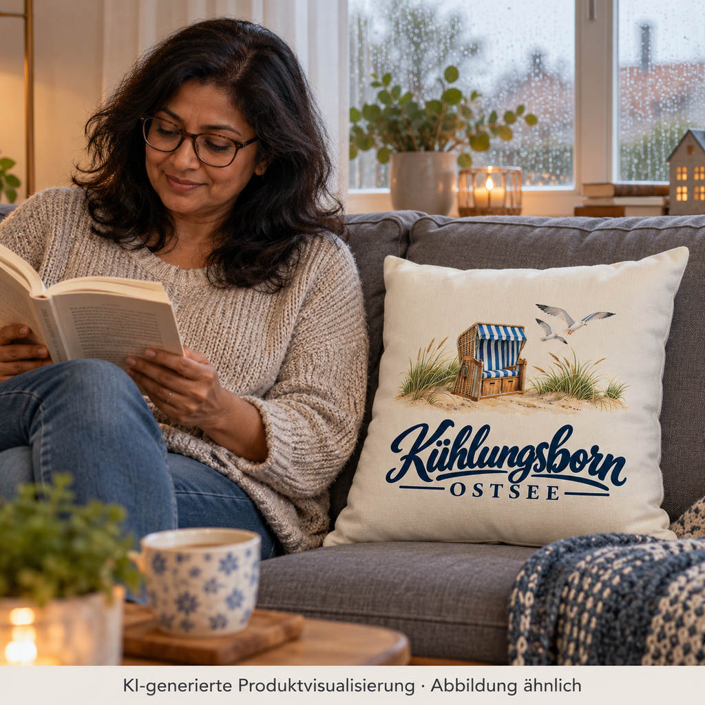 Kissen natur 40 × 40 cm mit Füllung Kühlungsborn – Strandkorb & Ostsee, Natur: beim Lesen auf einem Sofa, Kissen sichtbar auf dem benachbarten Sitzplatz, Regentag und Fensterlicht; KI-Produktvisualisierung.
