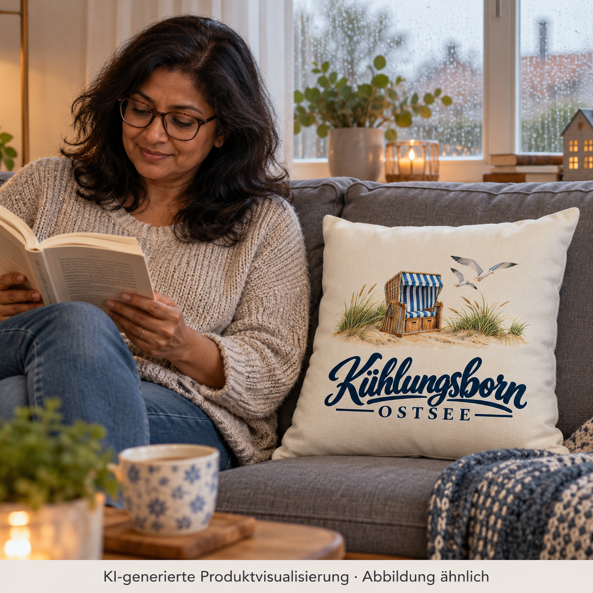 Kissen natur 40 × 40 cm mit Füllung Kühlungsborn – Strandkorb & Ostsee, Natur: beim Lesen auf einem Sofa, Kissen sichtbar auf dem benachbarten Sitzplatz, Regentag und Fensterlicht; KI-Produktvisualisierung.
