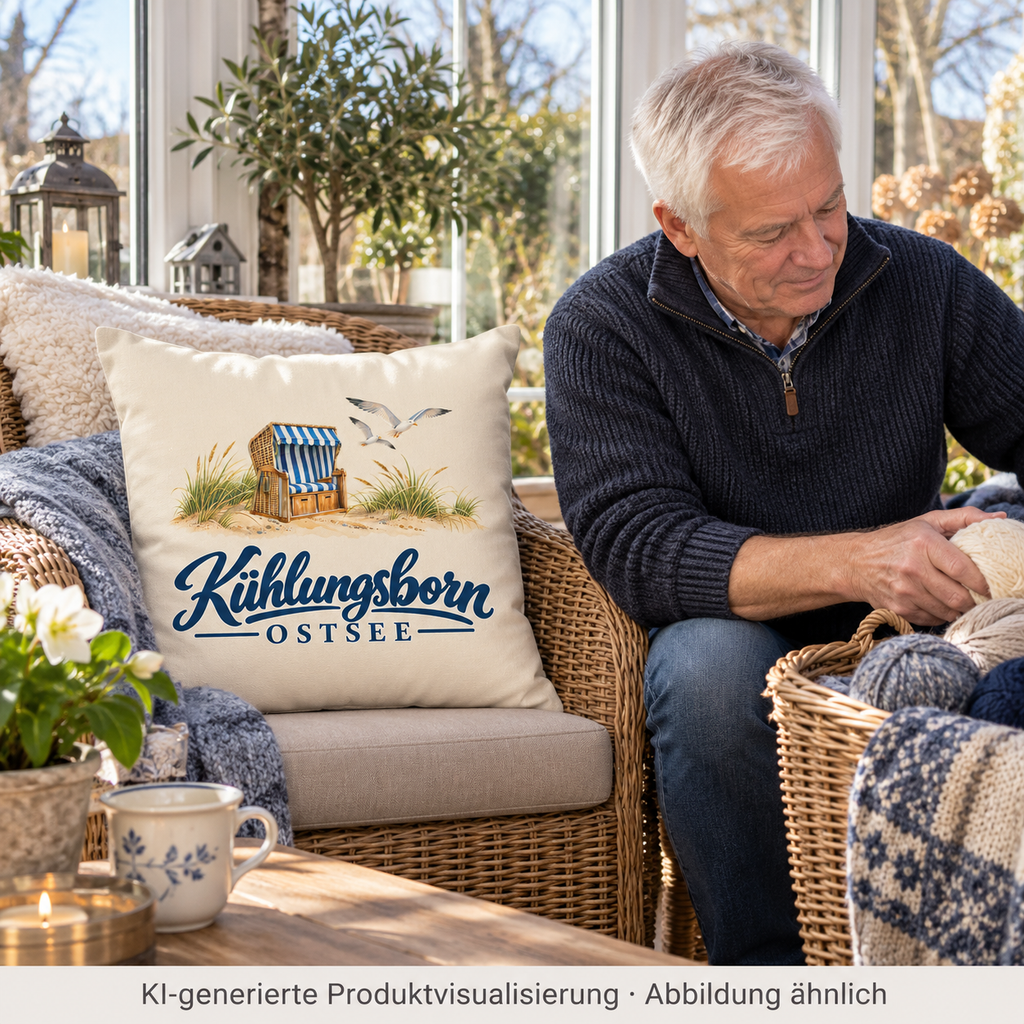 Kissen natur 40 × 40 cm mit Füllung Kühlungsborn – Strandkorb & Ostsee, Natur: beim Ordnen eines Strickkorbs im Wintergarten, Kissen im Sessel gut sichtbar, Vormittag; KI-Produktvisualisierung.