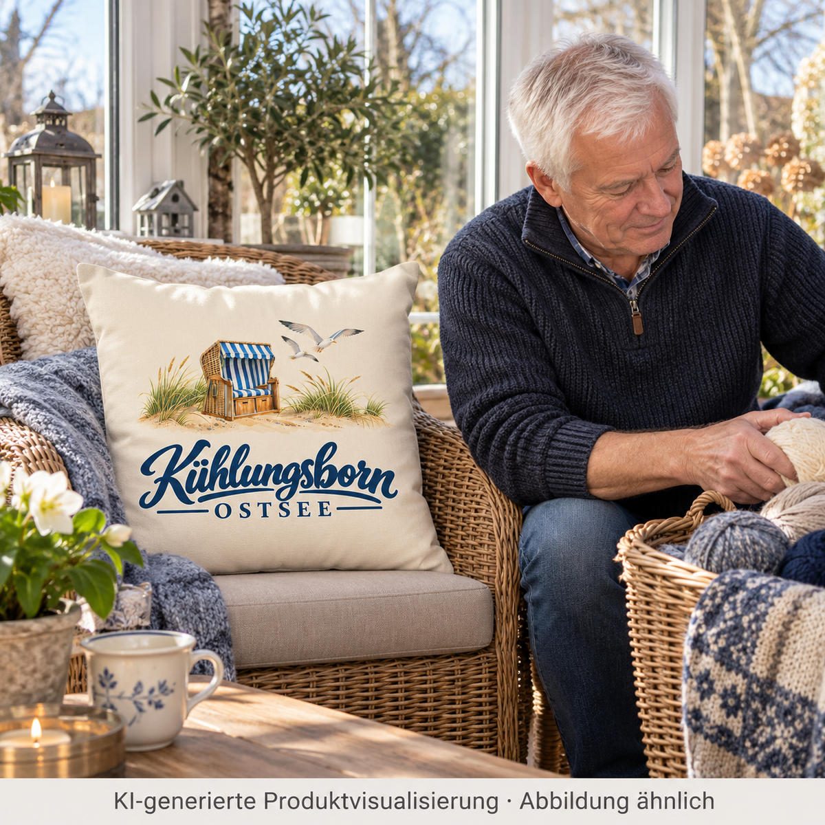 Kissen natur 40 × 40 cm mit Füllung Kühlungsborn – Strandkorb & Ostsee, Natur: beim Ordnen eines Strickkorbs im Wintergarten, Kissen im Sessel gut sichtbar, Vormittag; KI-Produktvisualisierung.