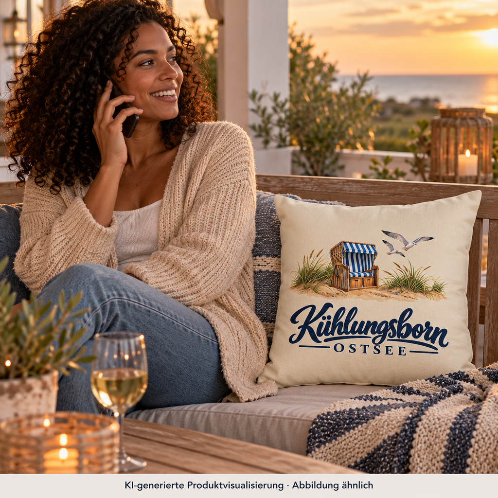 Kissen natur 40 × 40 cm mit Füllung Kühlungsborn – Strandkorb & Ostsee, Natur: beim Telefonieren auf einer überdachten Veranda, Kissen auf Bank neben ihr, spätes Abendlicht; KI-Produktvisualisierung.