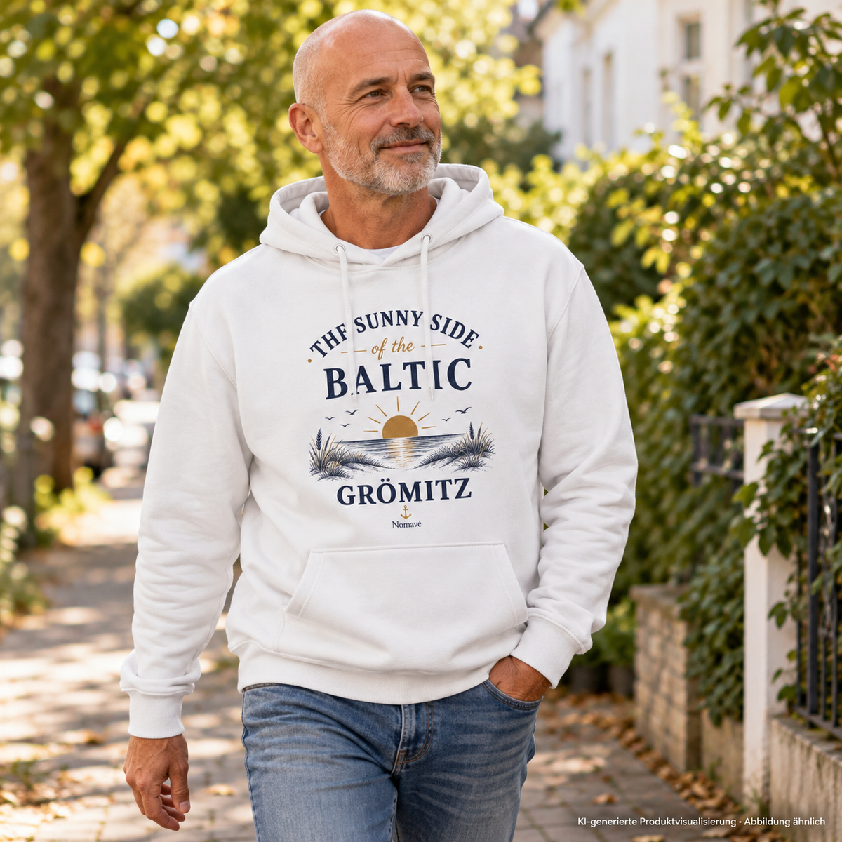 Mann auf einer baumbestandenen Wohnstraße – Grömitz The Sunny Side Bio-Unisex-Hoodie in White mit Sonnen- und Dünenmotiv auf der Vorderseite; KI-Produktvisualisierung.
