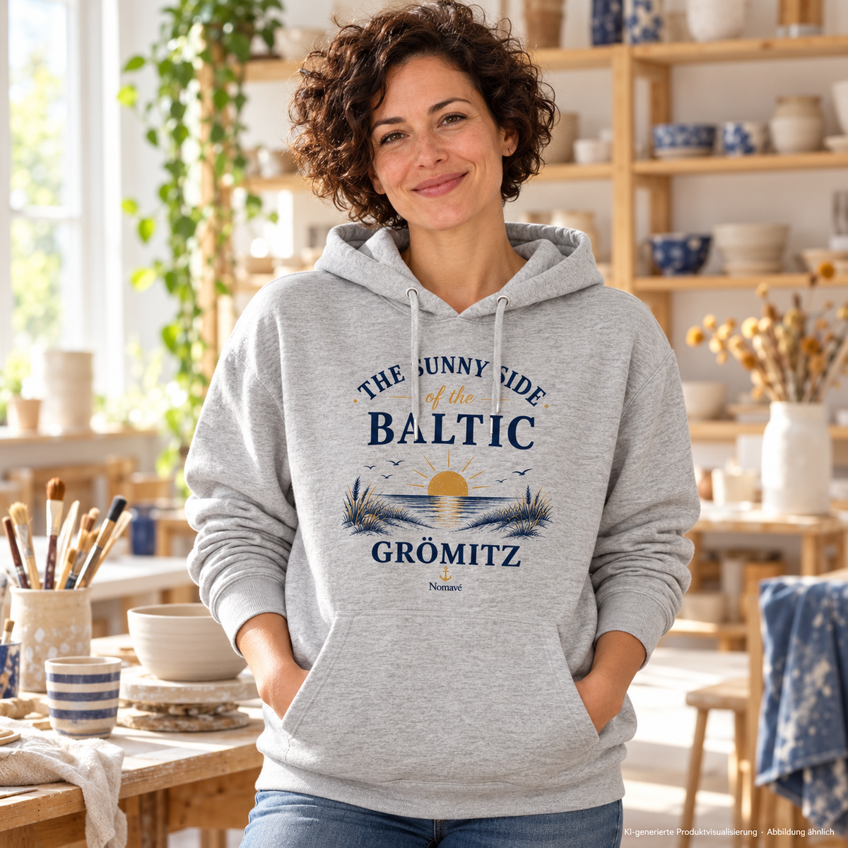 Frau in einer hellen Töpferwerkstatt – Grömitz The Sunny Side Bio-Unisex-Hoodie in Heather Grey mit Sonnen- und Dünenmotiv auf der Vorderseite; KI-Produktvisualisierung.