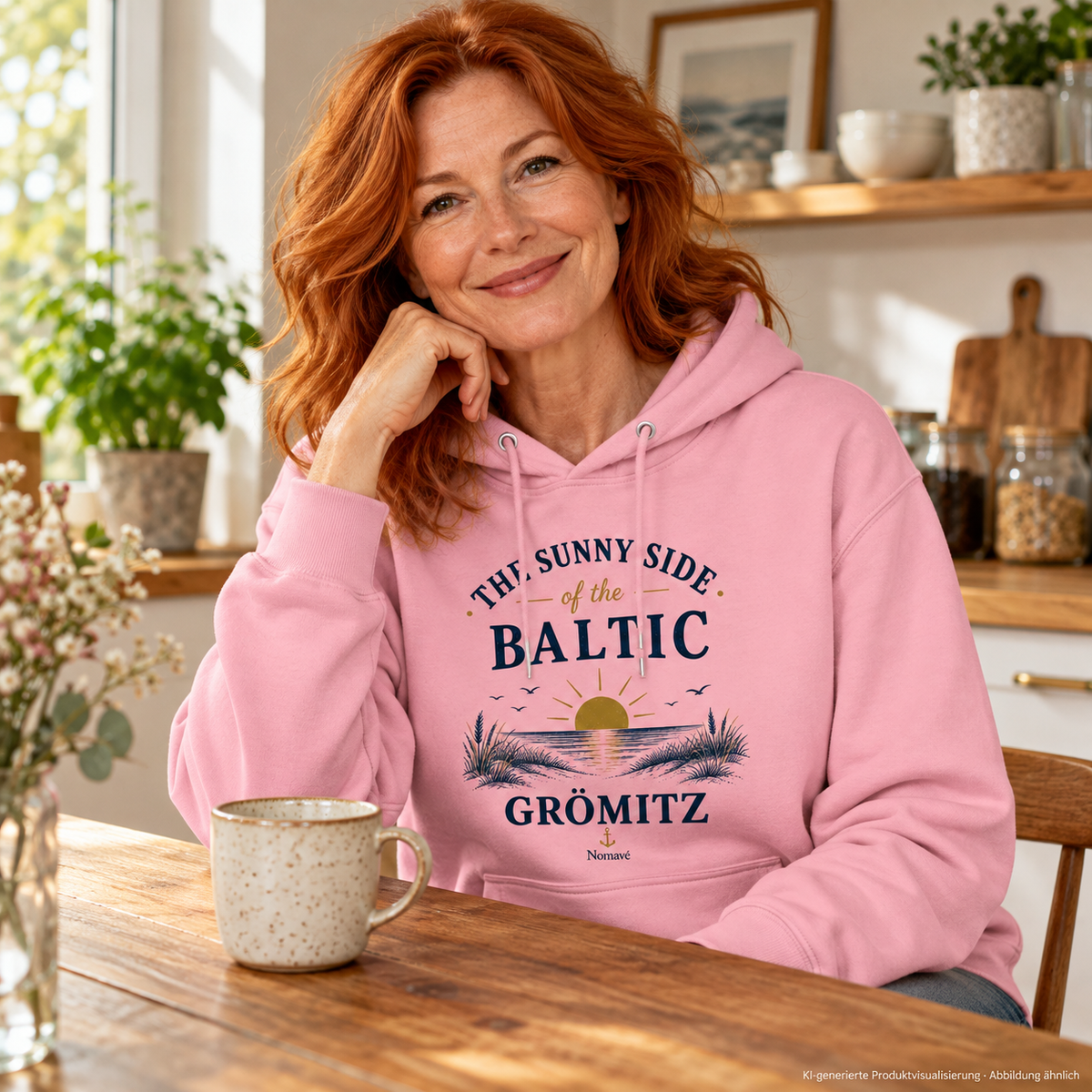 Frau am hölzernen Küchentresen – Grömitz The Sunny Side Bio-Unisex-Hoodie in Cotton Pink mit Sonnen- und Dünenmotiv auf der Vorderseite; KI-Produktvisualisierung.