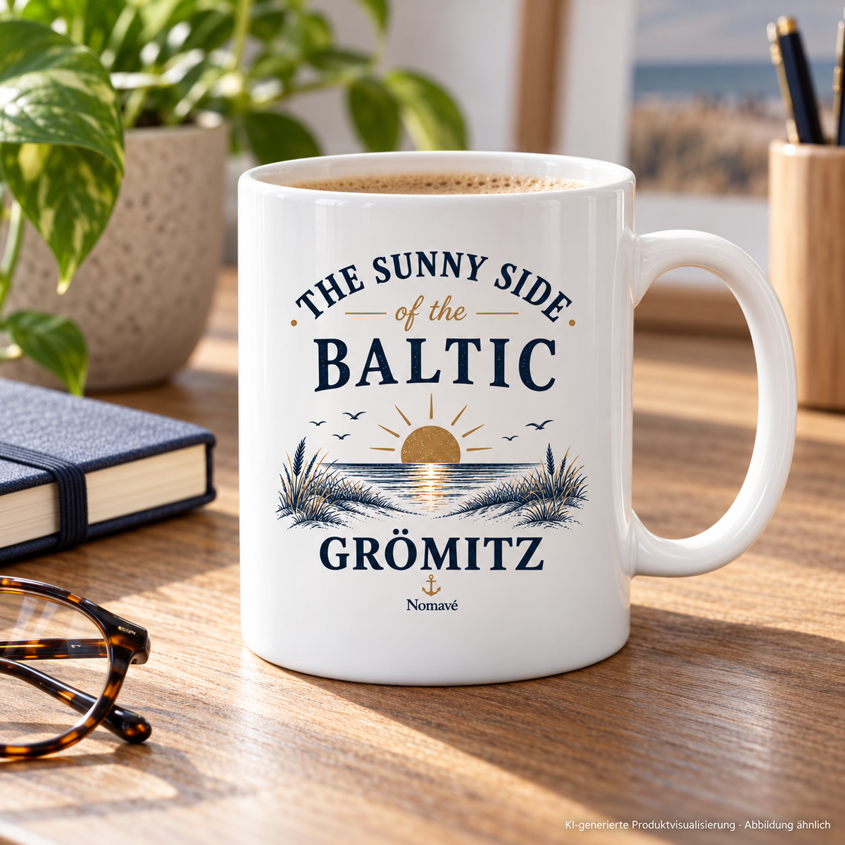 Keramiktasse auf einem Schreibtisch neben Notizbuch und Zimmerpflanze – Grömitz The Sunny Side Keramiktasse, 330 ml in White glossy mit Sonnen- und Dünenmotiv auf der Vorderseite; KI-Produktvisualisierung.