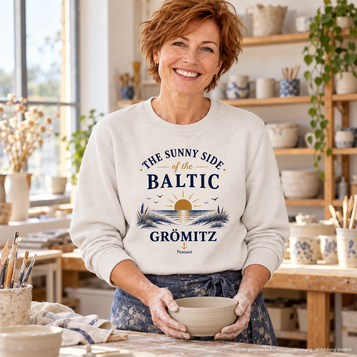 Frau im Töpferatelier – Grömitz The Sunny Side Bio-Unisex-Sweatshirt in Vintage White mit Sonnen- und Dünenmotiv auf der Vorderseite; KI-Produktvisualisierung.