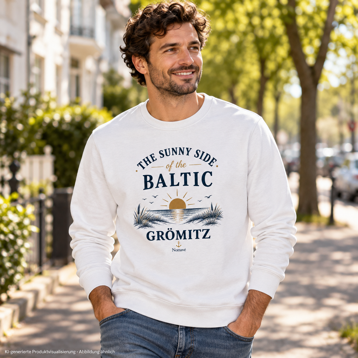 Mann auf einer baumbestandenen Straße – Grömitz The Sunny Side Bio-Unisex-Sweatshirt in White mit Sonnen- und Dünenmotiv auf der Vorderseite; KI-Produktvisualisierung.