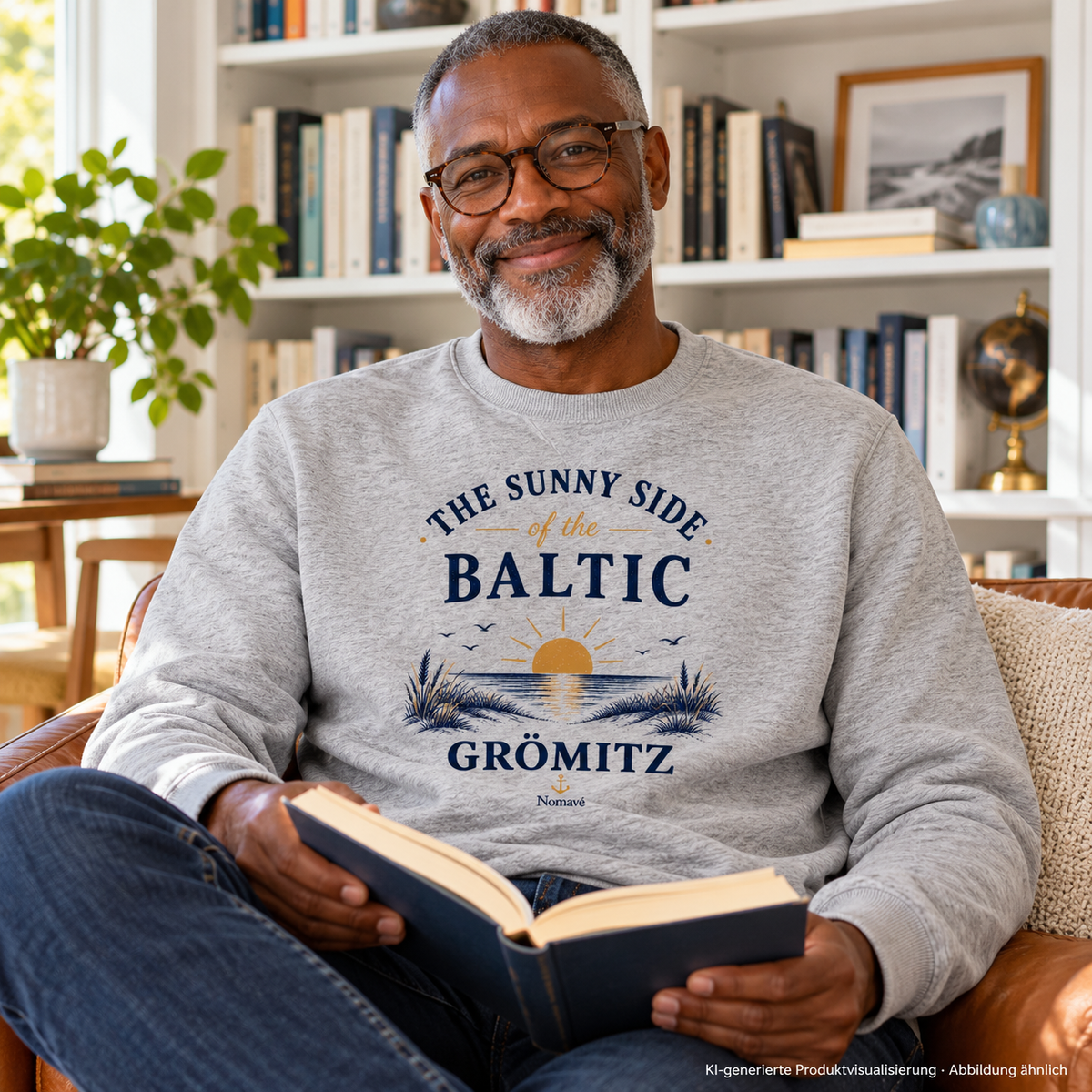 Mann liest in einer hellen Hausbibliothek – Grömitz The Sunny Side Bio-Unisex-Sweatshirt in Heather Grey mit Sonnen- und Dünenmotiv auf der Vorderseite; KI-Produktvisualisierung.