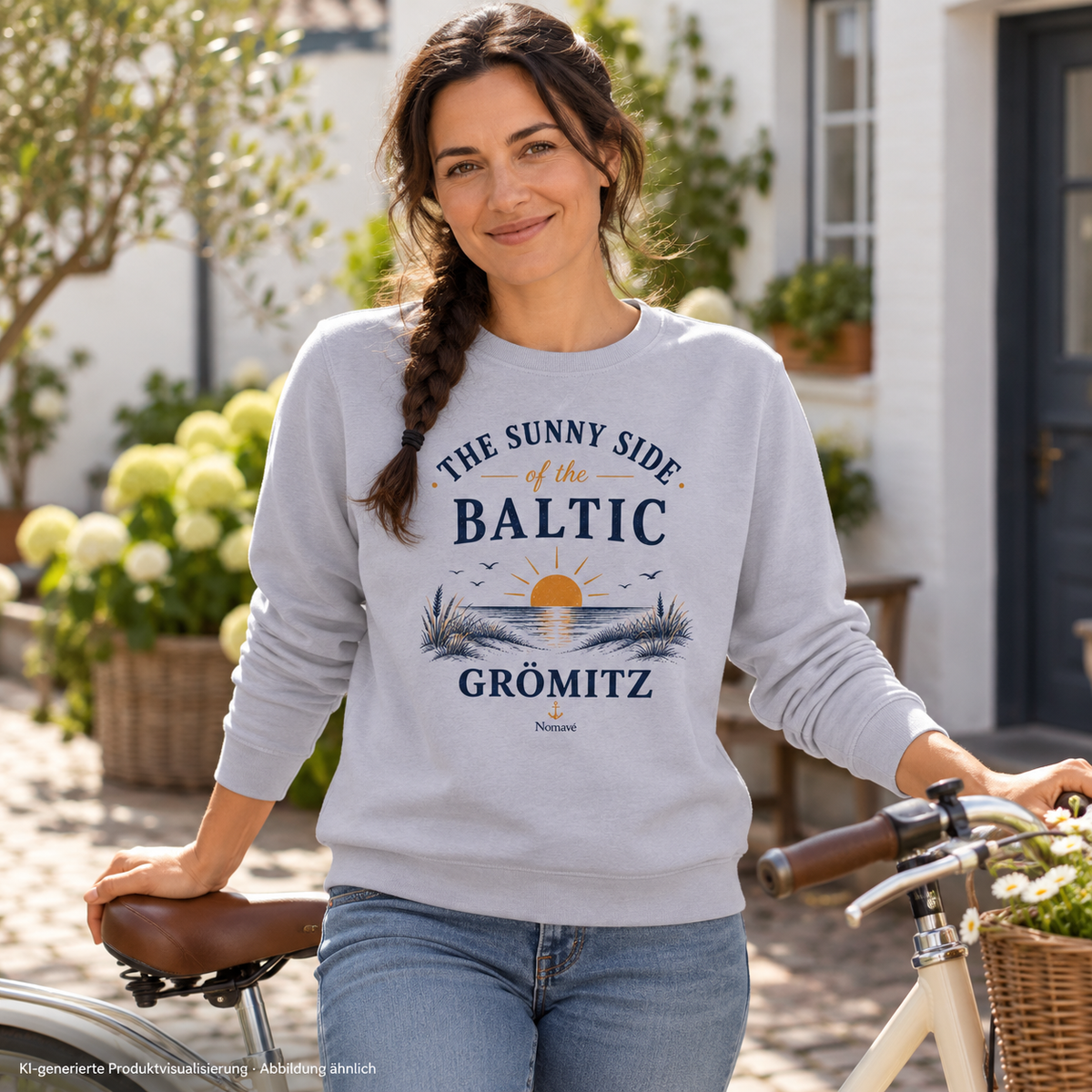 Frau mit Fahrrad im Innenhof – Grömitz The Sunny Side Bio-Unisex-Sweatshirt in Serene Blue mit Sonnen- und Dünenmotiv auf der Vorderseite; KI-Produktvisualisierung.