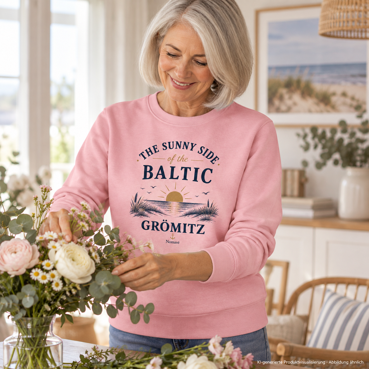 Frau arrangiert Blumen zu Hause – Grömitz The Sunny Side Bio-Unisex-Sweatshirt in Cotton Pink mit Sonnen- und Dünenmotiv auf der Vorderseite; KI-Produktvisualisierung.