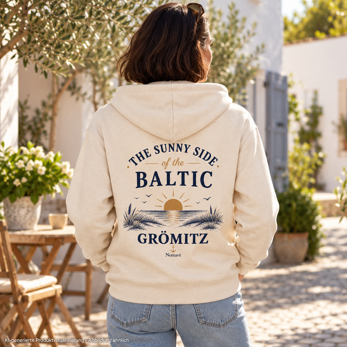 Frau im sonnigen Innenhof, Rückenansicht – Grömitz The Sunny Side Bio-Unisex-Zipper mit Rückendruck in Natural Raw mit Sonnen- und Dünenmotiv auf dem Rücken; KI-Produktvisualisierung.