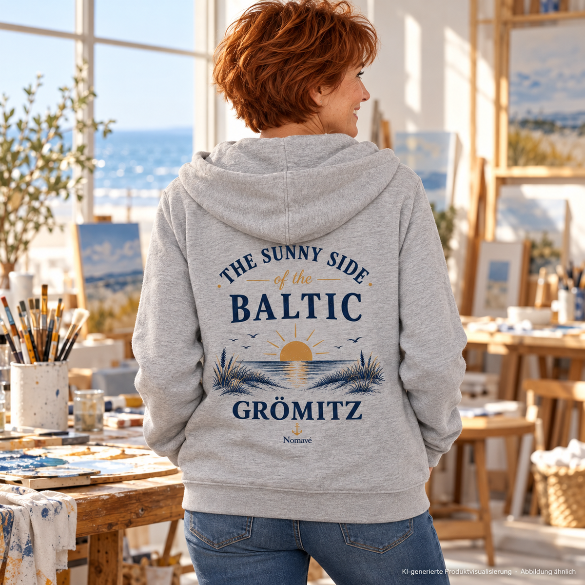 Frau im hellen Malatelier, Rückenansicht – Grömitz The Sunny Side Bio-Unisex-Zipper mit Rückendruck in Heather Grey mit Sonnen- und Dünenmotiv auf dem Rücken; KI-Produktvisualisierung.