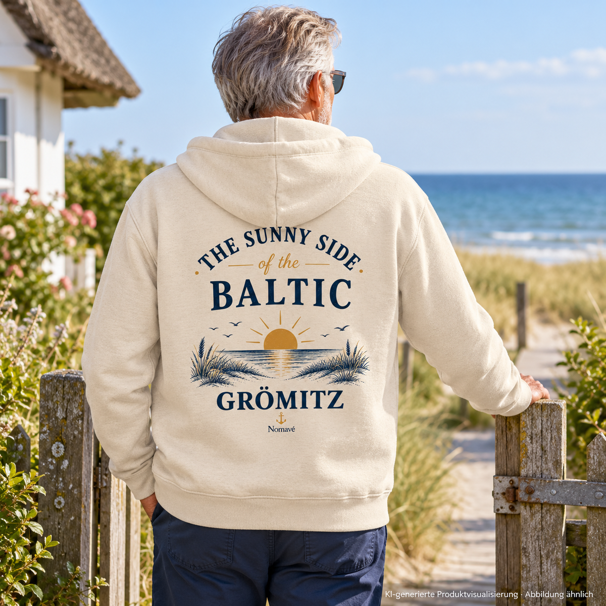 Mann am Gartentor eines Hauses, Rückenansicht – Grömitz The Sunny Side Bio-Unisex-Zipper mit Rückendruck in Natural Raw mit Sonnen- und Dünenmotiv auf dem Rücken; KI-Produktvisualisierung.