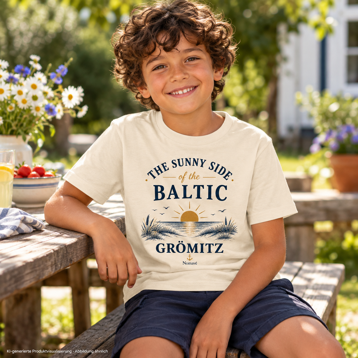 Junge am Picknicktisch im Garten – Grömitz The Sunny Side Kinder Bio-T-Shirt in Natural Raw mit Sonnen- und Dünenmotiv auf der Vorderseite; KI-Produktvisualisierung.