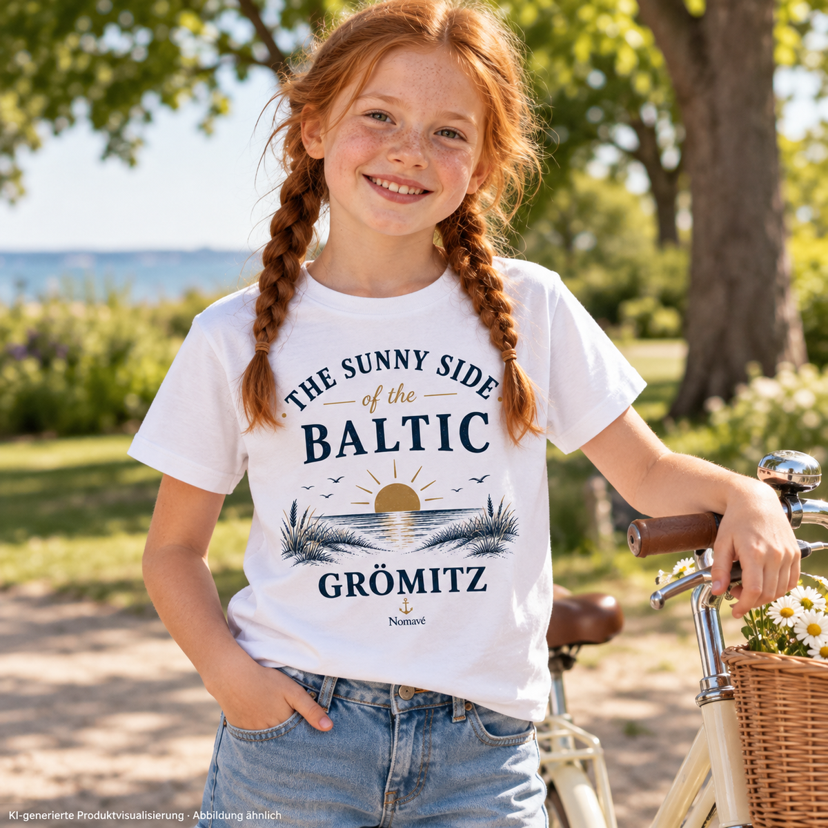 Mädchen mit roten Zöpfen und Fahrrad im Park – Grömitz The Sunny Side Kinder Bio-T-Shirt in White mit Sonnen- und Dünenmotiv auf der Vorderseite; KI-Produktvisualisierung.