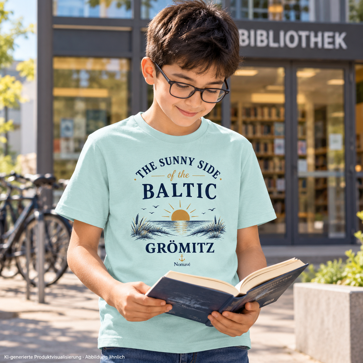Junge mit Brille liest vor einer Bibliothek – Grömitz The Sunny Side Kinder Bio-T-Shirt in Caribbean Blue mit Sonnen- und Dünenmotiv auf der Vorderseite; KI-Produktvisualisierung.