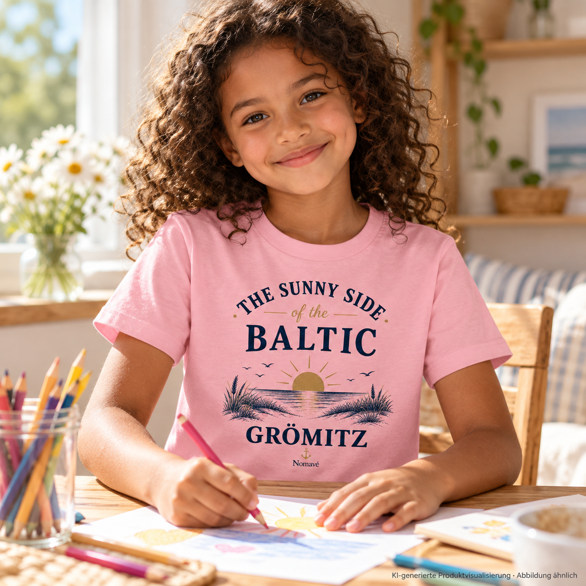 Mädchen zeichnet am sonnigen Tisch zu Hause – Grömitz The Sunny Side Kinder Bio-T-Shirt in Cotton Pink mit Sonnen- und Dünenmotiv auf der Vorderseite; KI-Produktvisualisierung.