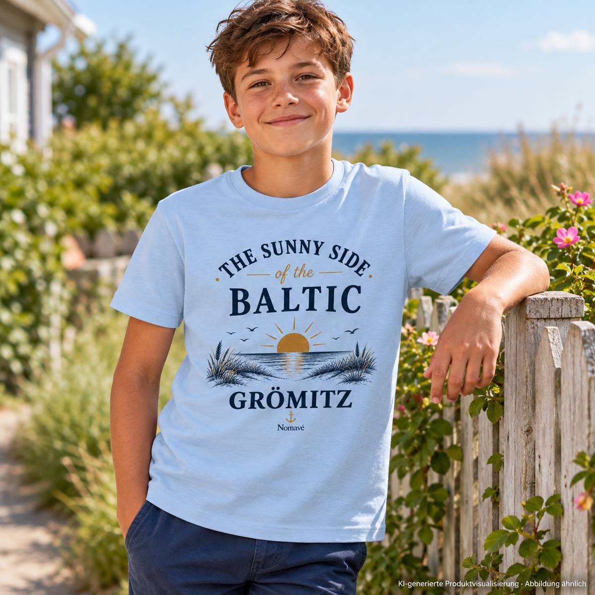 Junge neben einem Gartenzaun – Grömitz The Sunny Side Kinder Bio-T-Shirt in Blue Soul mit Sonnen- und Dünenmotiv auf der Vorderseite; KI-Produktvisualisierung.