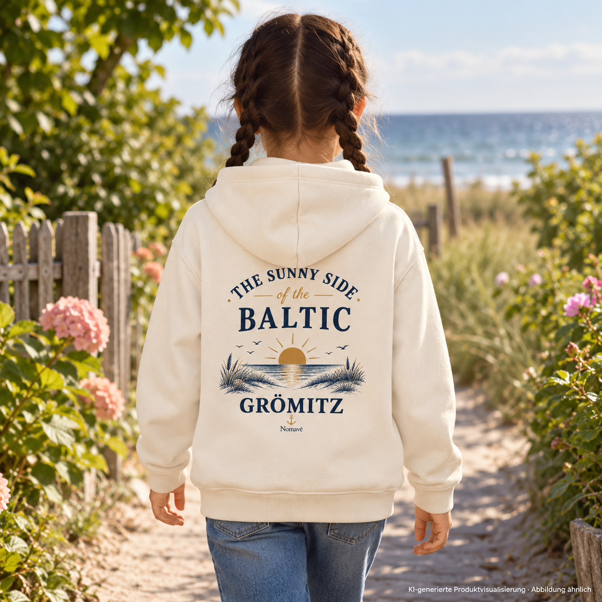 Mädchen mit dunklen Zöpfen auf einem Gartenweg, Rückenansicht – Grömitz The Sunny Side Kinder Bio-Hoodie mit Rückendruck in Natural Raw mit Sonnen- und Dünenmotiv auf dem Rücken; KI-Produktvisualisierung.