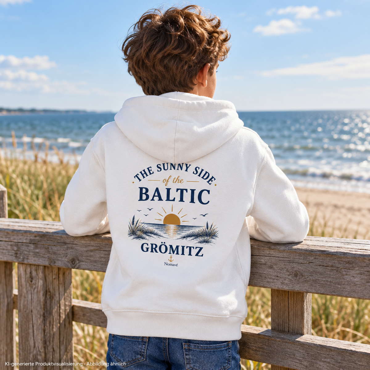 Junge am Geländer am Meer, Rückenansicht – Grömitz The Sunny Side Kinder Bio-Hoodie mit Rückendruck in White mit Sonnen- und Dünenmotiv auf dem Rücken; KI-Produktvisualisierung.