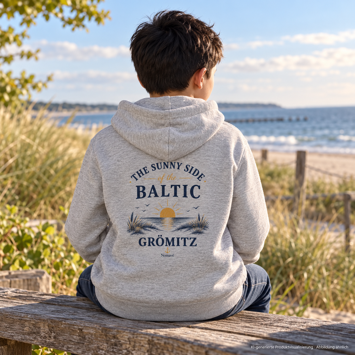 Junge an einer Parkbank, Rückenansicht – Grömitz The Sunny Side Kinder Bio-Hoodie mit Rückendruck in Heather Grey mit Sonnen- und Dünenmotiv auf dem Rücken; KI-Produktvisualisierung.