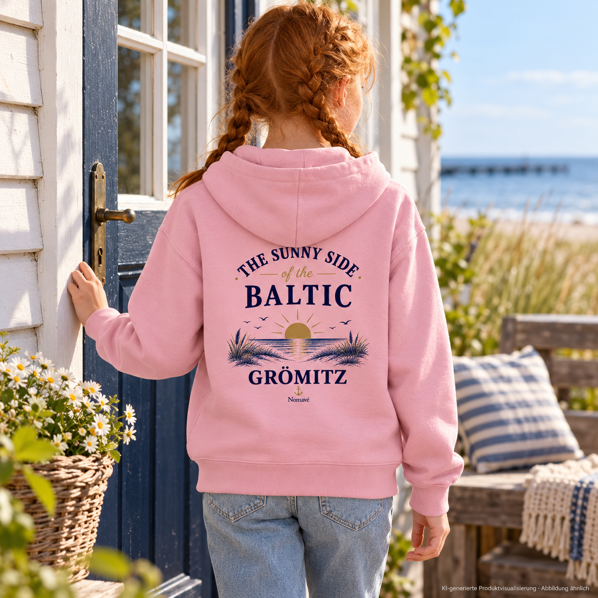 Mädchen mit roten Zöpfen an einer Haustür, Rückenansicht – Grömitz The Sunny Side Kinder Bio-Hoodie mit Rückendruck in Cotton Pink mit Sonnen- und Dünenmotiv auf dem Rücken; KI-Produktvisualisierung.