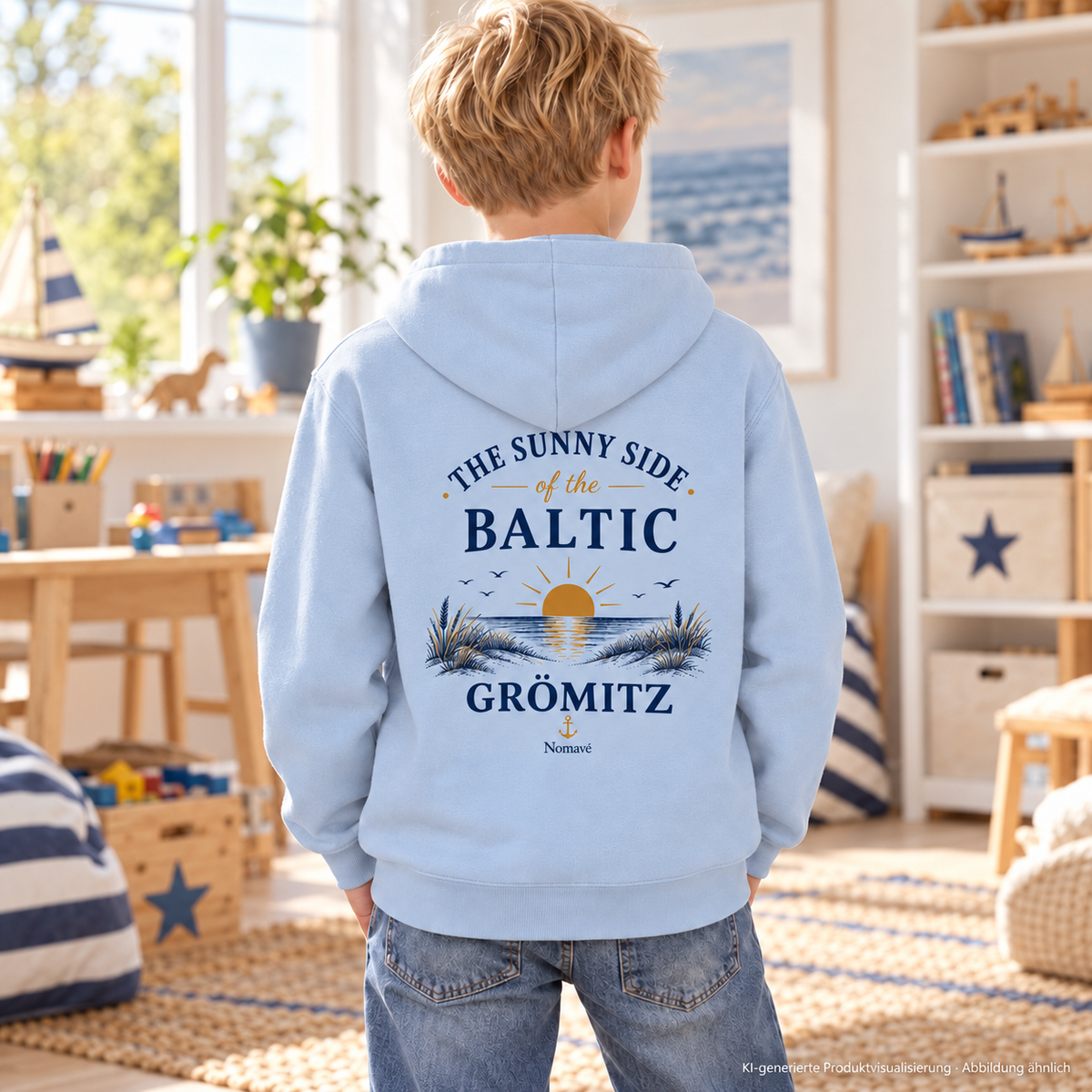 Junge in einem hellen Spielzimmer, Rückenansicht – Grömitz The Sunny Side Kinder Bio-Hoodie mit Rückendruck in Blue Soul mit Sonnen- und Dünenmotiv auf dem Rücken; KI-Produktvisualisierung.