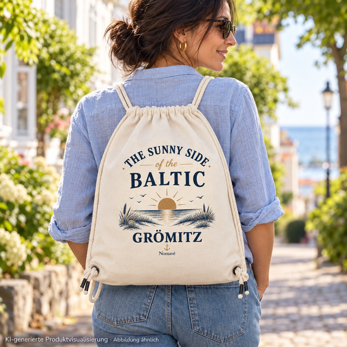 Grömitz The Sunny Side Gym-Bag in Natural auf dem Rücken einer Frau beim Stadtspaziergang – KI-Produktvisualisierung