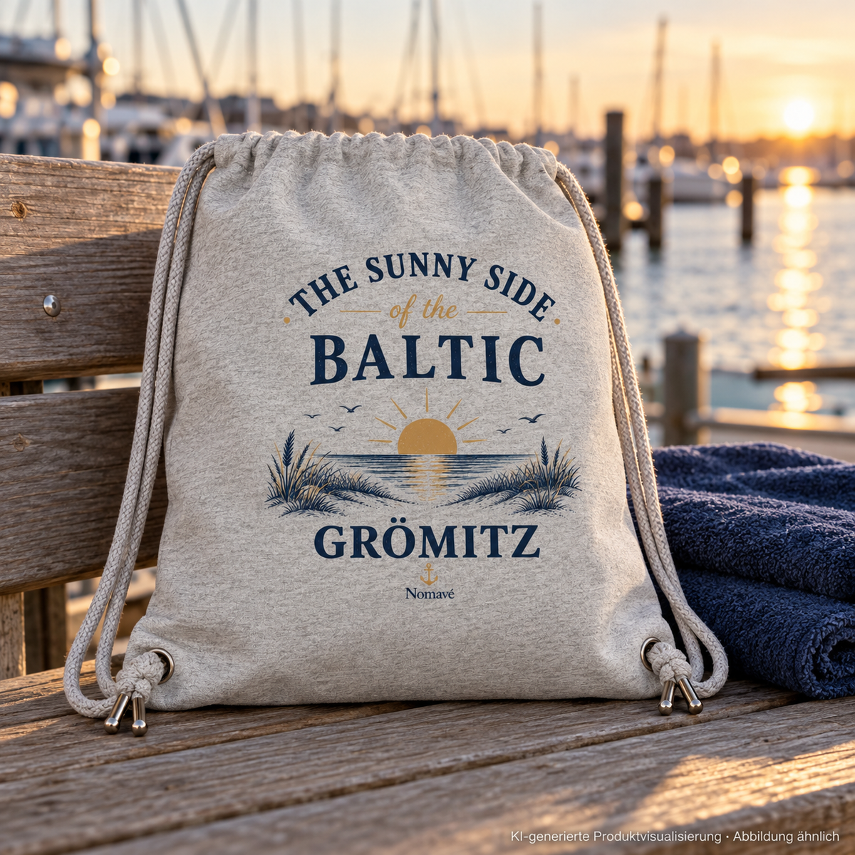 Grömitz The Sunny Side Gym-Bag in Heather Grey auf einer Holzbank am Yachthafen im Abendlicht – KI-Produktvisualisierung