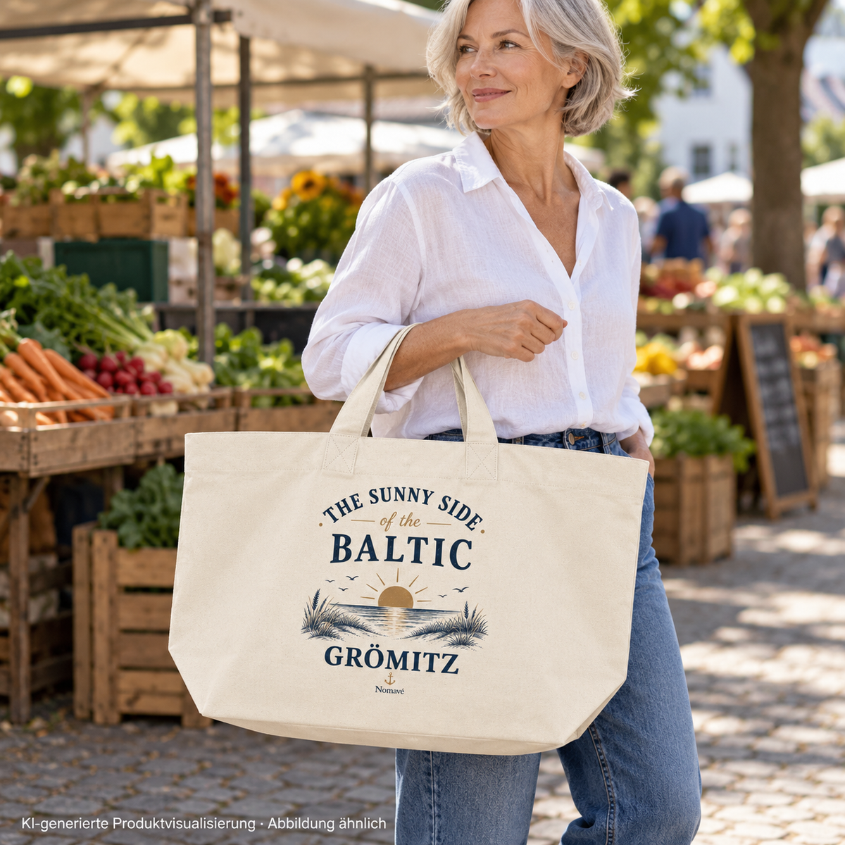 Grömitz The Sunny Side Shopper in Natural Raw am Arm einer Frau auf dem Wochenmarkt – KI-Produktvisualisierung