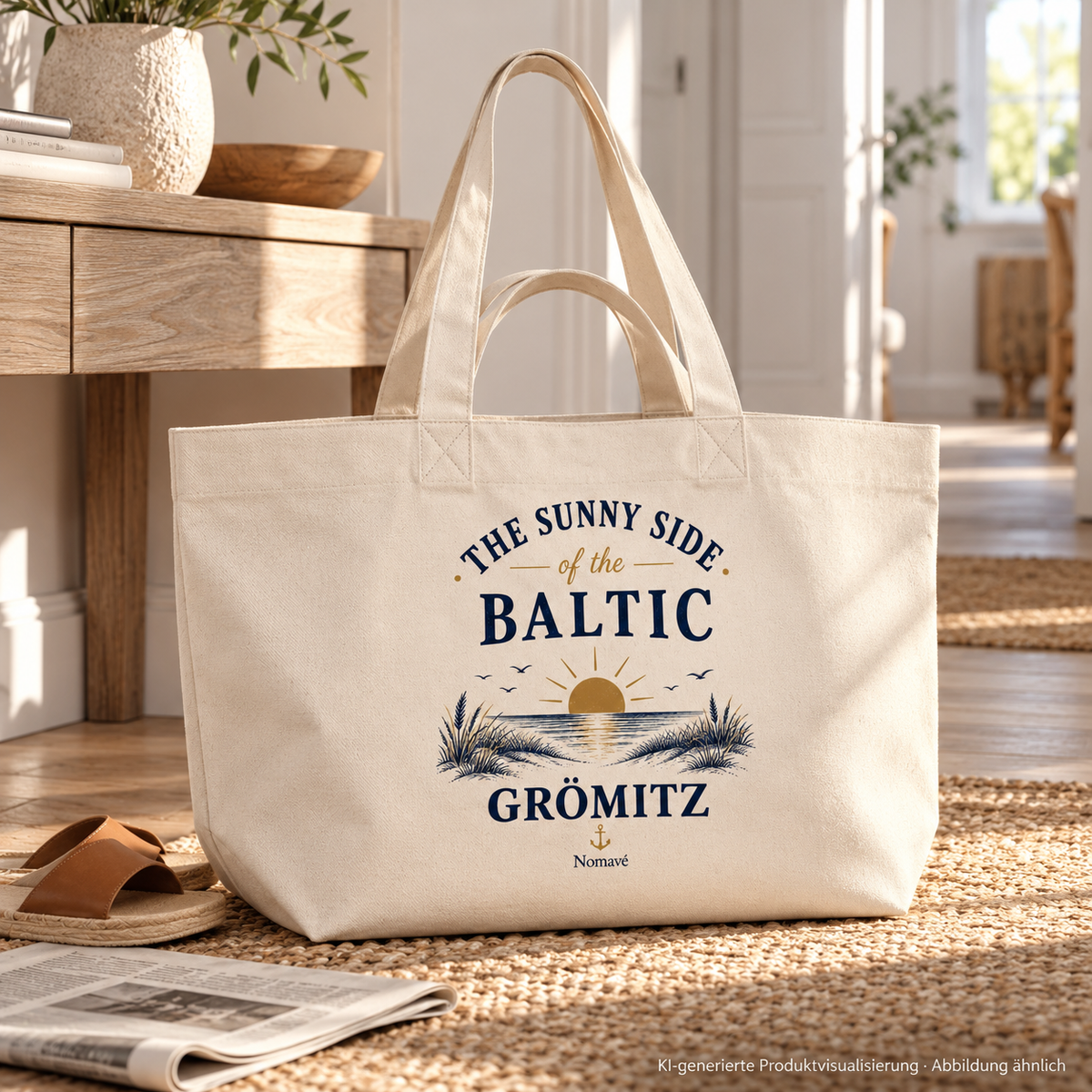 Grömitz The Sunny Side Shopper in Natural Raw neben einer Flurkonsole mit kurzen und langen Henkeln – KI-Produktvisualisierung