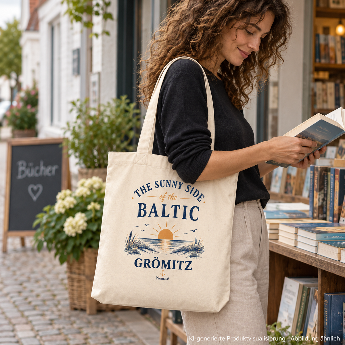 Grömitz The Sunny Side Tote-Bag in Natural über der Schulter einer Frau vor einer Buchhandlung – KI-Produktvisualisierung