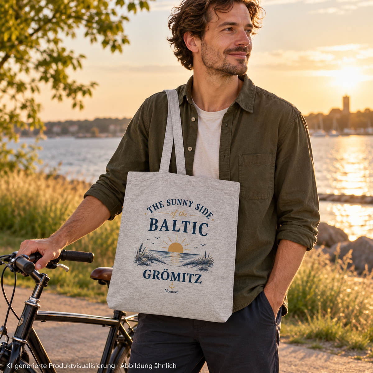 Grömitz The Sunny Side Tote-Bag in Heather Grey an einem Mann mit Fahrrad am Flussufer – KI-Produktvisualisierung