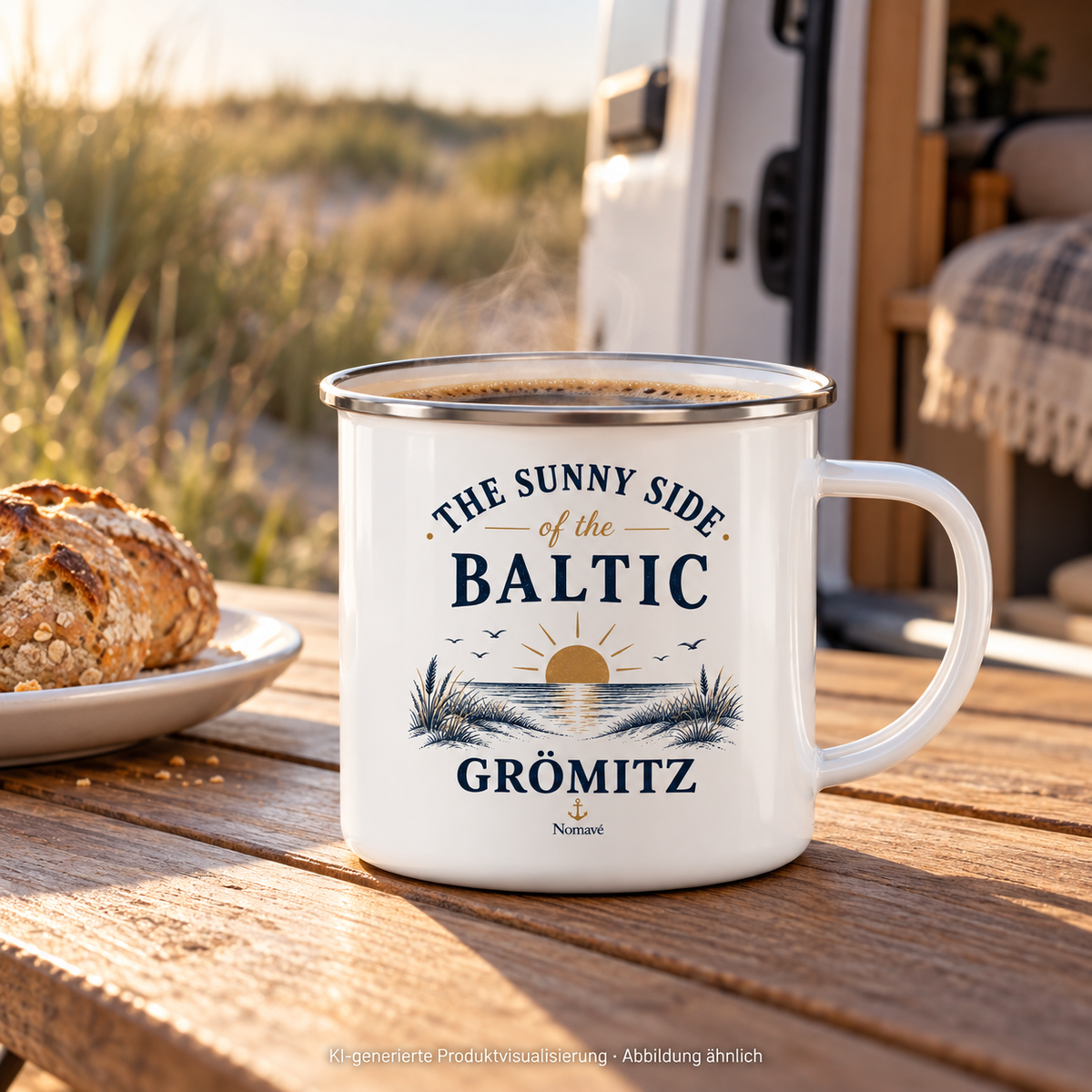 Weiße Grömitz The Sunny Side Emaille-Tasse mit Silberrand und Kaffee auf einem Campingtisch am Wohnmobil – KI-Produktvisualisierung