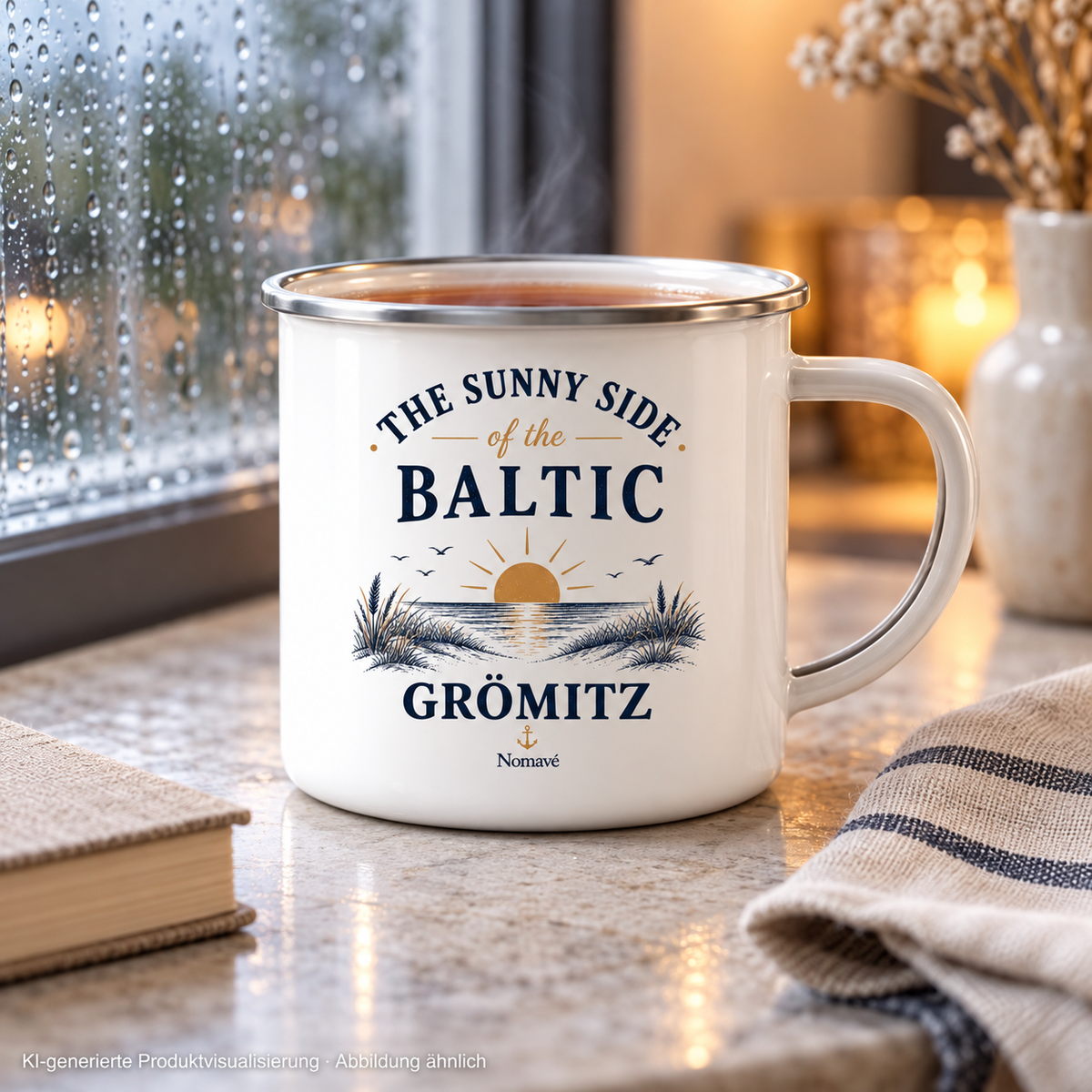 Grömitz The Sunny Side Emaille-Tasse in Weiß mit Silberrand und Tee am regennassen Fenster – KI-Produktvisualisierung