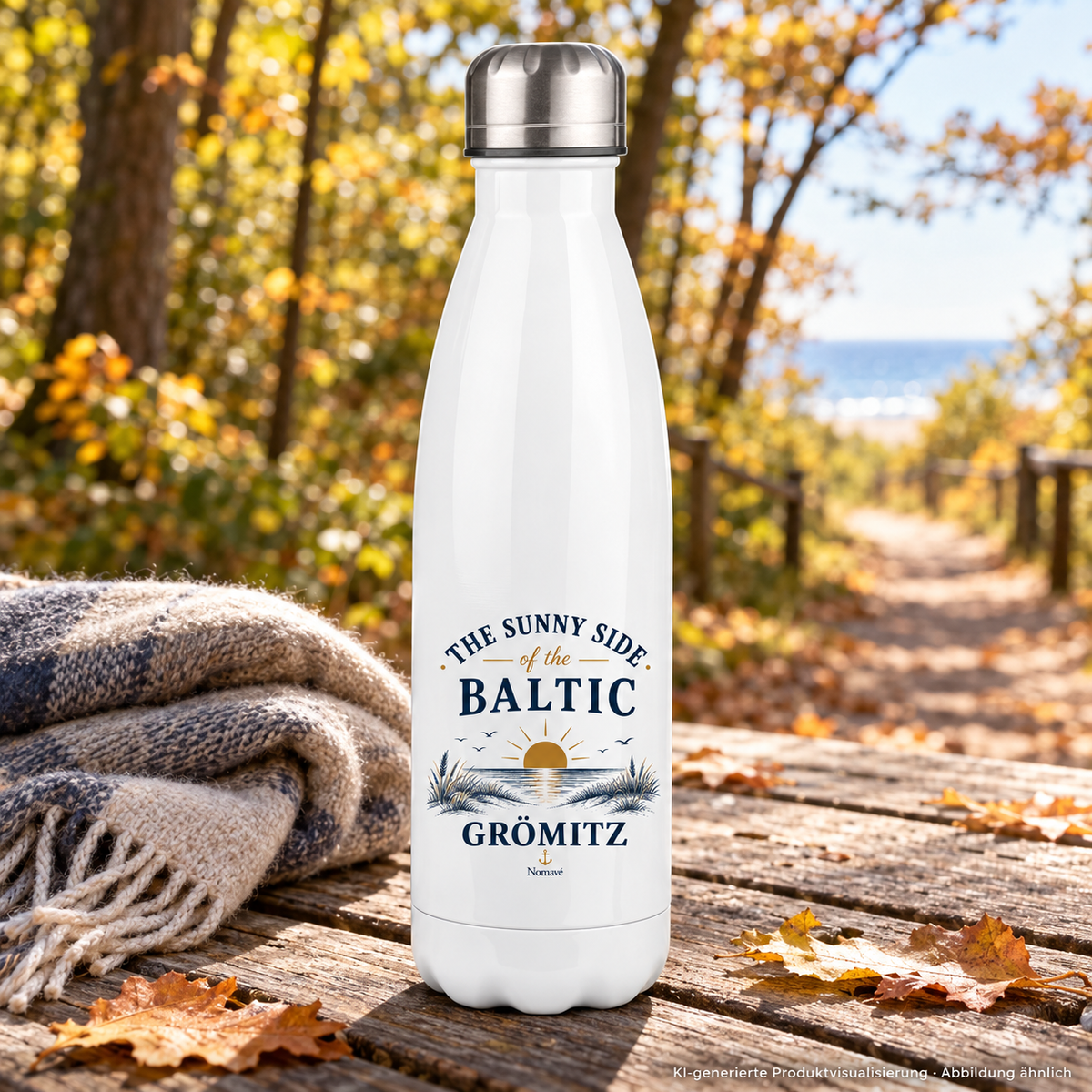 Weiße Grömitz The Sunny Side Edelstahl-Thermoflasche mit silbernem Deckel auf einem Picknicktisch am Herbstweg – KI-Produktvisualisierung
