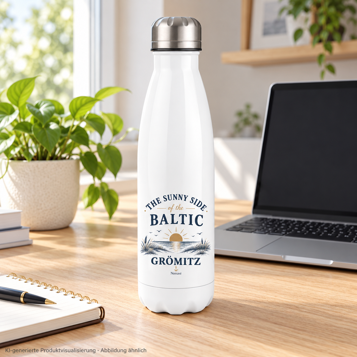 Grömitz The Sunny Side Thermoflasche in Weiß auf einem hellen Schreibtisch neben Laptop und Pflanze – KI-Produktvisualisierung