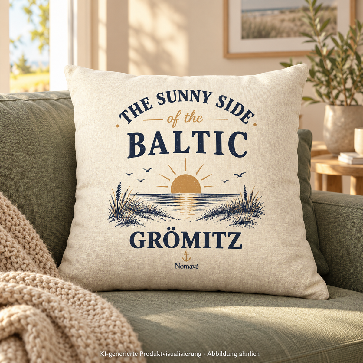 Grömitz The Sunny Side Dekokissen in Natur mit maritimem Sonnenmotiv auf einem salbeigrünen Sofa – KI-Produktvisualisierung