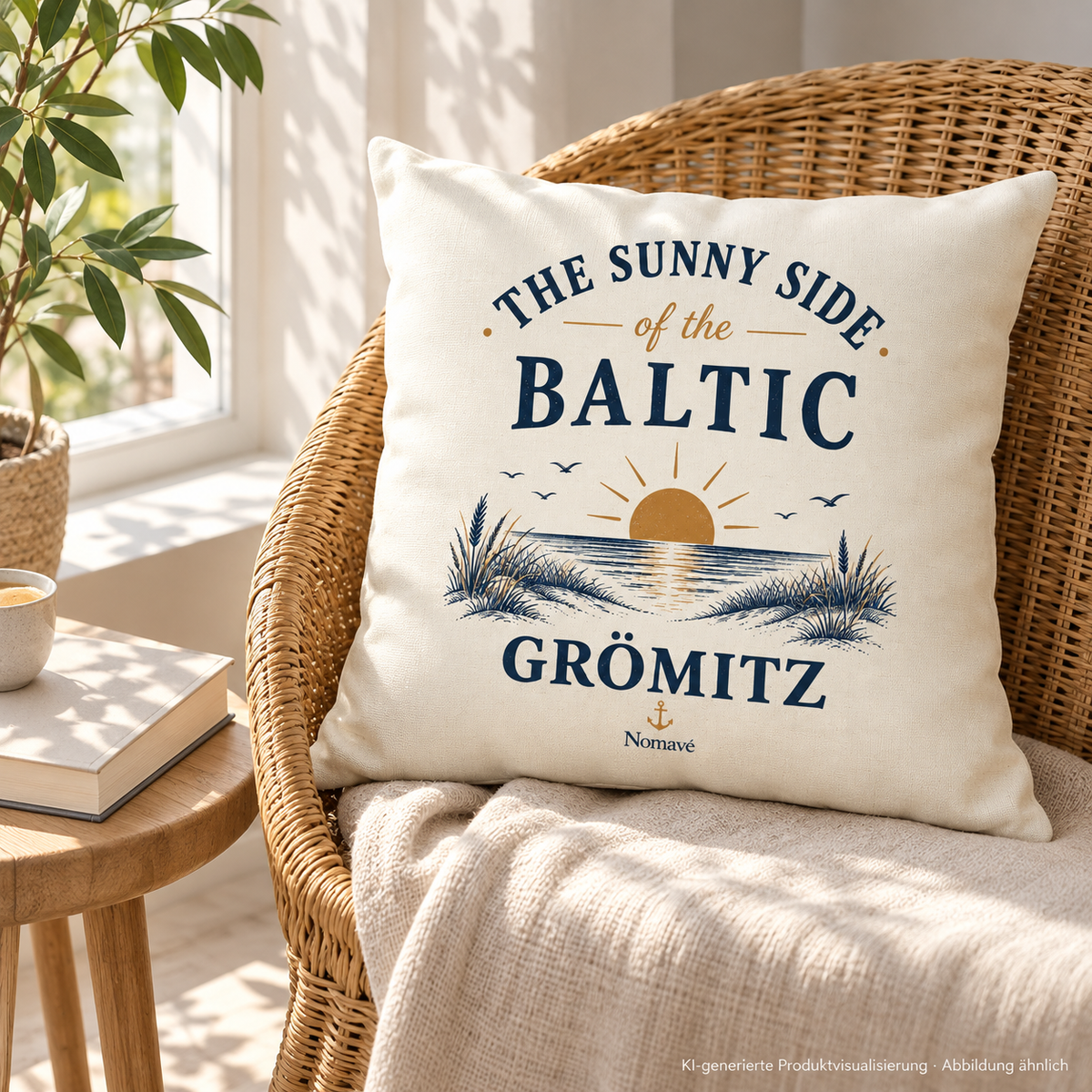 Naturfarbenes Grömitz The Sunny Side Kissen im Rattansessel einer hellen Leseecke – KI-Produktvisualisierung